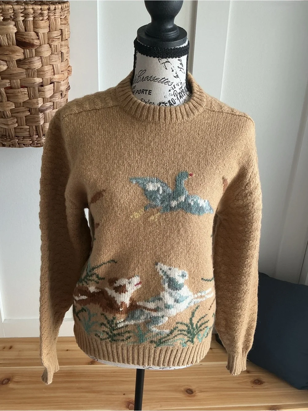 Cozy Beige Crewneck Sweater with Scenic Animal Motif
